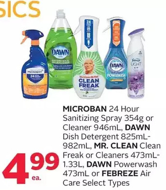 Rexall Microban 24 hour sanitizing spray or cleaner, dawn dish detergent, mr. clean clean freak or cleaners, dawn powerwash or febre offer