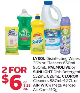 Rexall Lysol disinfecting wipes or cleaners, palmolive or sunlight dish detergent, clorox cleaners or air wick mega aerosol air care offer