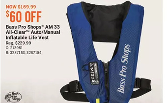 Cabela's Bass pro shops am 33 all-clear auto-manual inflatable life vest offer