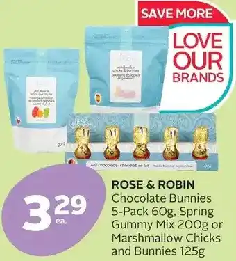 Rexall Rose & robin chocolate bunnies, spring gummy mix or marshmallow chicks and bunnies offer