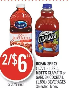 Shoppers Drug Mart Ocean spray, mott's clamato or garden cocktail beverages offer