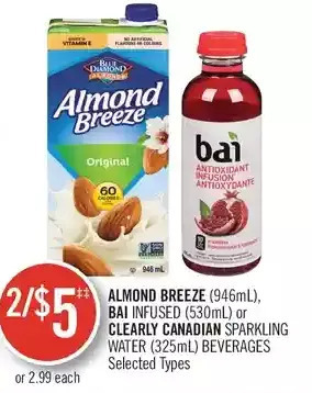 Shoppers Drug Mart Almond breeze, bai infused or clearly canadian sparkling water beverages offer