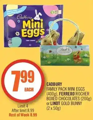 Shoppers Drug Mart Cadbury family pack mini eggs, ferrero rocher boxed chocolates or lindt gold bunny offer