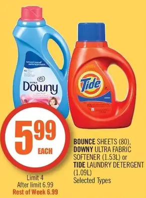 Shoppers Drug Mart Bounce sheets, downy ultra fabric softener or tide laundry detergent offer