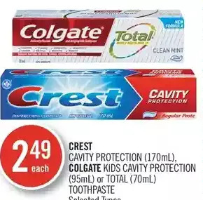 Shoppers Drug Mart Crest cavity protection, colgate kids cavity protection or total toothpaste offer