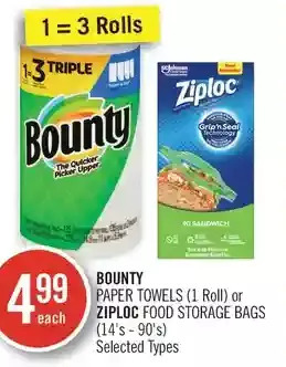 Shoppers Drug Mart Bounty paper towels or ziploc food storage bags offer