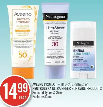 Shoppers Drug Mart Aveeno protect + hydrate or neutrogena ultra sheer sun care products offer