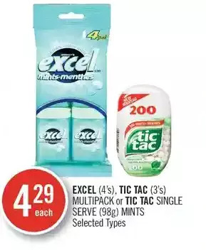 Shoppers Drug Mart Excel, tic tac multipack or tic tac single serve mints offer