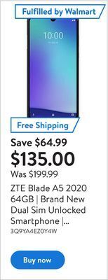 Walmart Zte blade a5 2020 64gb | brand new dual sim unlocked smartphone | black offer