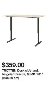 IKEA Trotten desk sit/stand, beige/anthracite, 63x31 1/2 " (160x80 cm) offer
