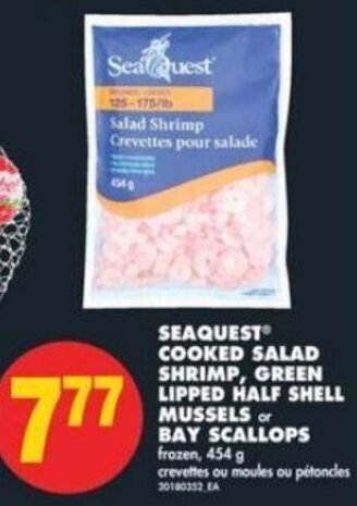 No Frills Seaquest® Cooked Salad Shrimp, Green Lipped Half Shell Mussels or Bay Scallops 454g offer
