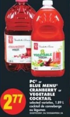 No Frills PC Blue Menu Cranberry or Vegetable Cocktail 1.89 L offer