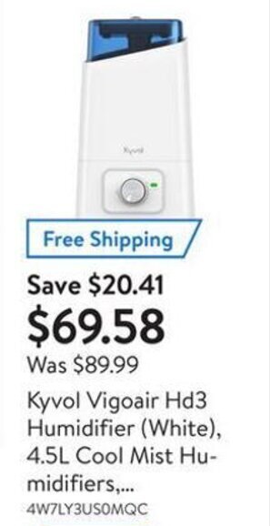 Walmart Kyvol Vigoair Hd3 Humidifier (White), 4.5L Cool Mist Humidiers 4W7LY3US0MQC offer