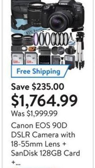 Walmart Canon EOS 90D DSLR Camera With 18-55mm Lens + SanDisk 128GB Card offer