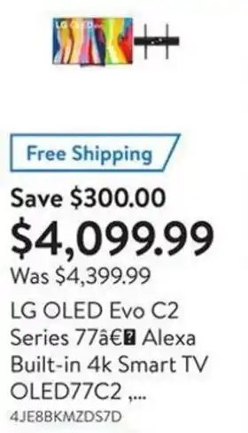 Walmart LG OLED Evo C2 Series 77 Alexa Built-in 4k Smart TV OLED77C2 4JE8BKMZDS7D offer