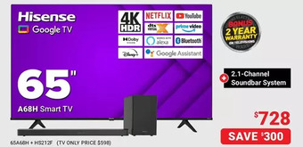 Visions Electronics Hisense 65" a68h smart tv + 2.1-channel soundbar system offer