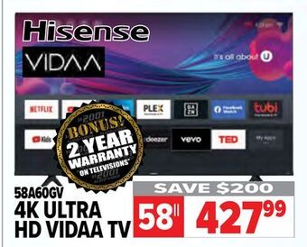 2001 Audio Video Hisense 4k ultra hd vidaa tv offer