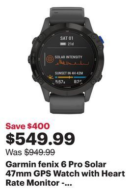 Best Buy Garmin fenix 6 pro solar 47mm gps watch with heart rate monitor - large - slate grey offer