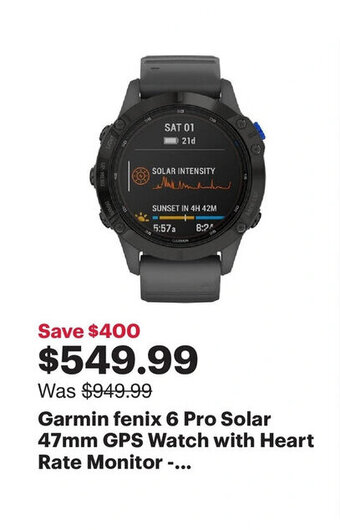 Best Buy Garmin fenix 6 pro solar 47mm GPS watch with heart rate monitor offer