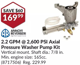 Princess Auto 2.2 gpm @ 2,600 psi axial pressure washer pump kit offer