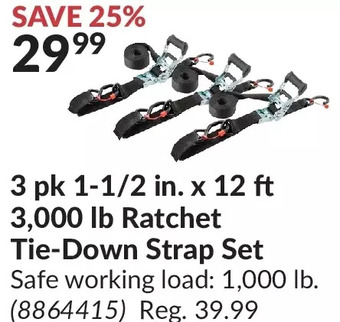 Princess Auto 3 pk 1-1/2 in. x 12 ft 3,000 lb ratchet tie-down strap set offer