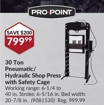 Princess Auto Pro-point 30 ton pneumatic/hydraulic shop press with safety cage offer