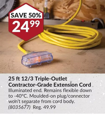 Princess Auto 25 ft 12/3 triple-outlet contractor-grade extension cord offer