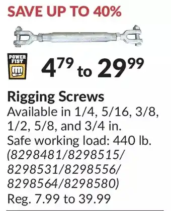 Princess Auto Power fist rigging screws offer