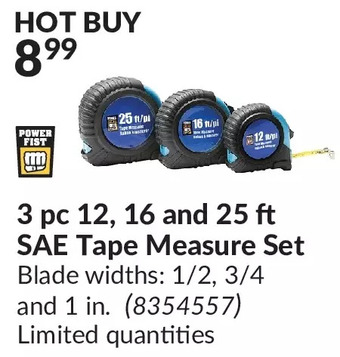 Princess Auto 3 pc 12, 16 and 25 ft sae tape measure set offer