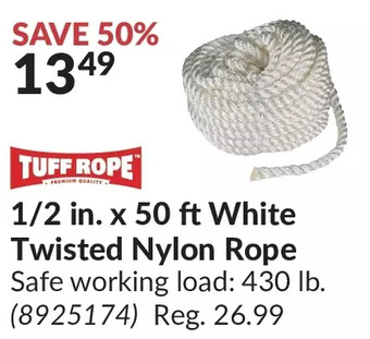 Princess Auto Tuff rope 1/2 in. x 50 ft white twisted nylon rope offer