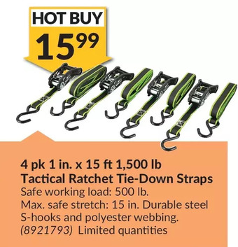 Princess Auto 4 pk 1 in. x 15 ft 1,500 lb tactical ratchet tie-down straps offer