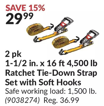 Princess Auto Cat 2 pk 1-1/2 in. x 16 ft 4,500 lb ratchet tie-down strap set with soft hooks offer