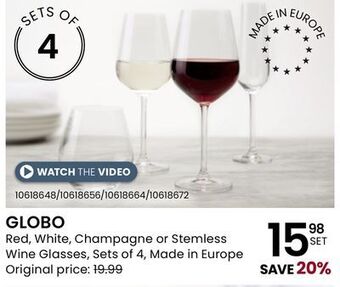Stokes Globo red, white, champagne or stemless wine glasses offer