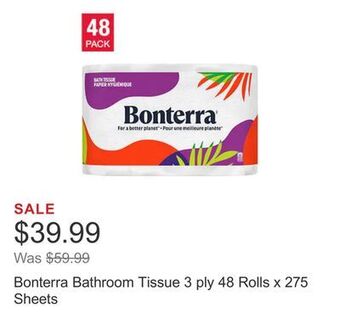 Costco Bonterra bathroom tissue 3 ply 48 rolls x 275 sheets offer