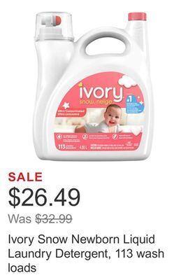 Costco Ivory snow newborn liquid laundry detergent, 113 wash loads offer