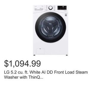 Costco Lg 5.2 cu. ft. white ai dd front load steam washer with thinq technology and wi-fi enabled offer