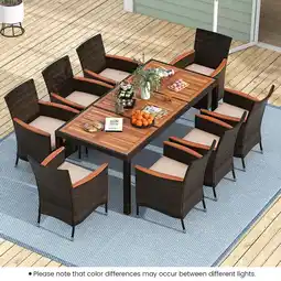 Best Buy Costway 9-piece modern classic rattan patio dining set w/ large acadia wood dining table & 8 cushioned wicker chairs (9pcs) offer