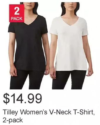 Costco Tilley women’s v-neck t-shirt, 2-pack offer