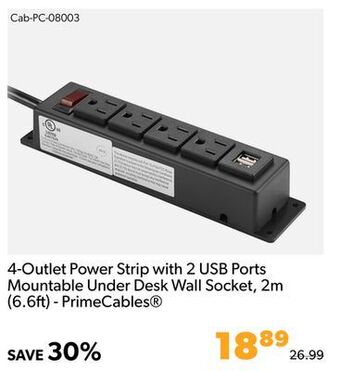 Shopper+ 4-outlet power strip with 2 usb ports mountable under desk wall socket, 2m (6.6ft) - primecables offer