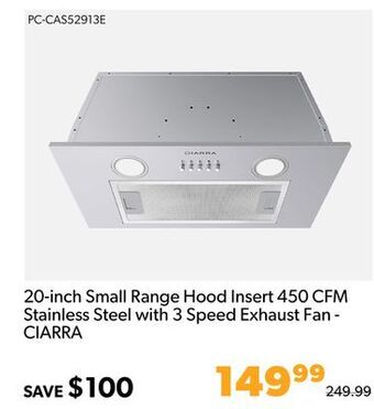 Shopper+ 20-inch small range hood insert 450 cfm stainless steel with 3 speed exhaust fan - ciarra offer