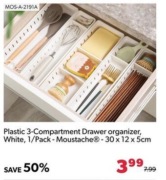 Shopper+ Plastic 3-compartment drawer organizer, white, 1/pack - moustache - 30 x 12 x 5cm offer