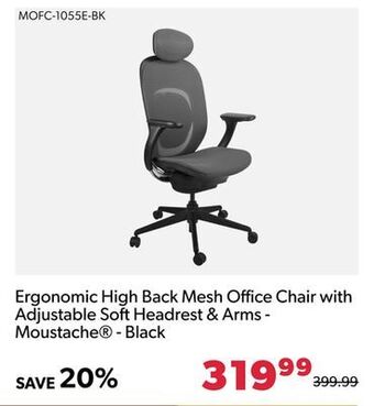 Ergonomic high back mesh office chair with adjustable soft headrest & arms - moustache - black