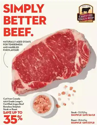 Longo's Angus beef boneless striploin steak or roast offer