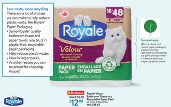 Walmart Royale velour bathroom tissue in a recyclable paper pack offer