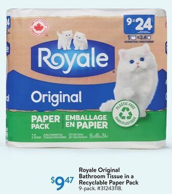 Walmart Royale original bathroom tissue in a recyclable paper pack offer