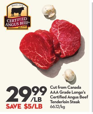 Longo's Cut from canada aaa grade longo's certified angus beef tenderloin steak offer