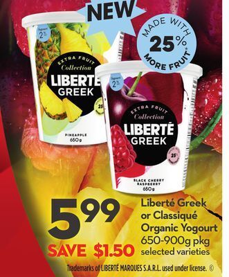 Longo's Liberté greek or classiqué organic yogourt offer