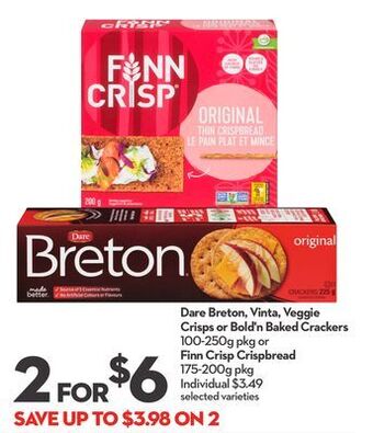 Longo's Dare breton, vinta, veggie crisps or bold'n baked crackers 100-250g pkg or finn crisp crispbread 175-200g pkg offer