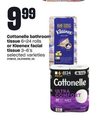 Loblaws Cottonelle bathroom tissue, 6=24 rolls or kleenex facial tissue, 3-6's offer