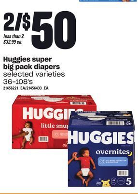 Loblaws Huggies super big pack diapers, 36-108's offer